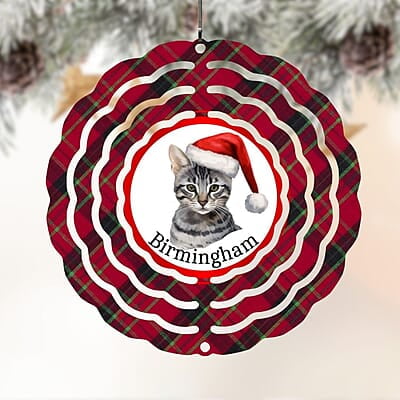Breeds Starting with S Cat in Santa Hat Personalized 4" Wind Spinner Christmas Ornament Pet Gift