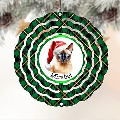 Breeds Starting with T - Y Cat in Santa Hat Personalized 4" Wind Spinner Christmas Ornament Pet Gift