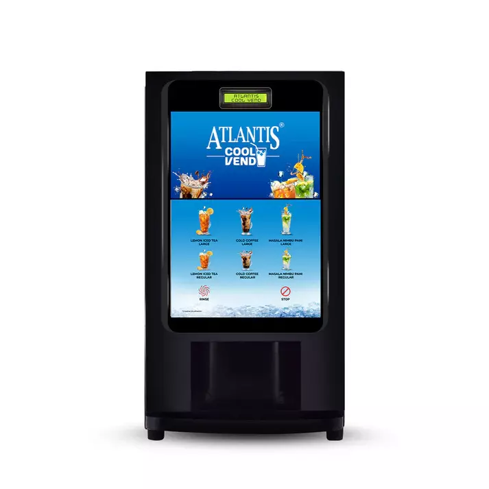 Front view of Atlantis COOL Vend, showcasing its feather-touch buttons for six drink options. Front view of Atlantis COOL Vend, showcasing its feather-touch buttons for six drink options.