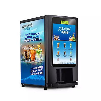 Side profile of the compact and modern Atlantis COOL Vend cold beverage dispenser. Side profile of the compact and modern Atlantis COOL Vend cold beverage dispenser.