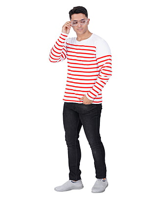 Men's Premium Red Striped Regular Fit Full Sleeve Cotton T-Shirt Men's Premium Red Striped Regular Fit Full Sleeve Cotton T-Shirt