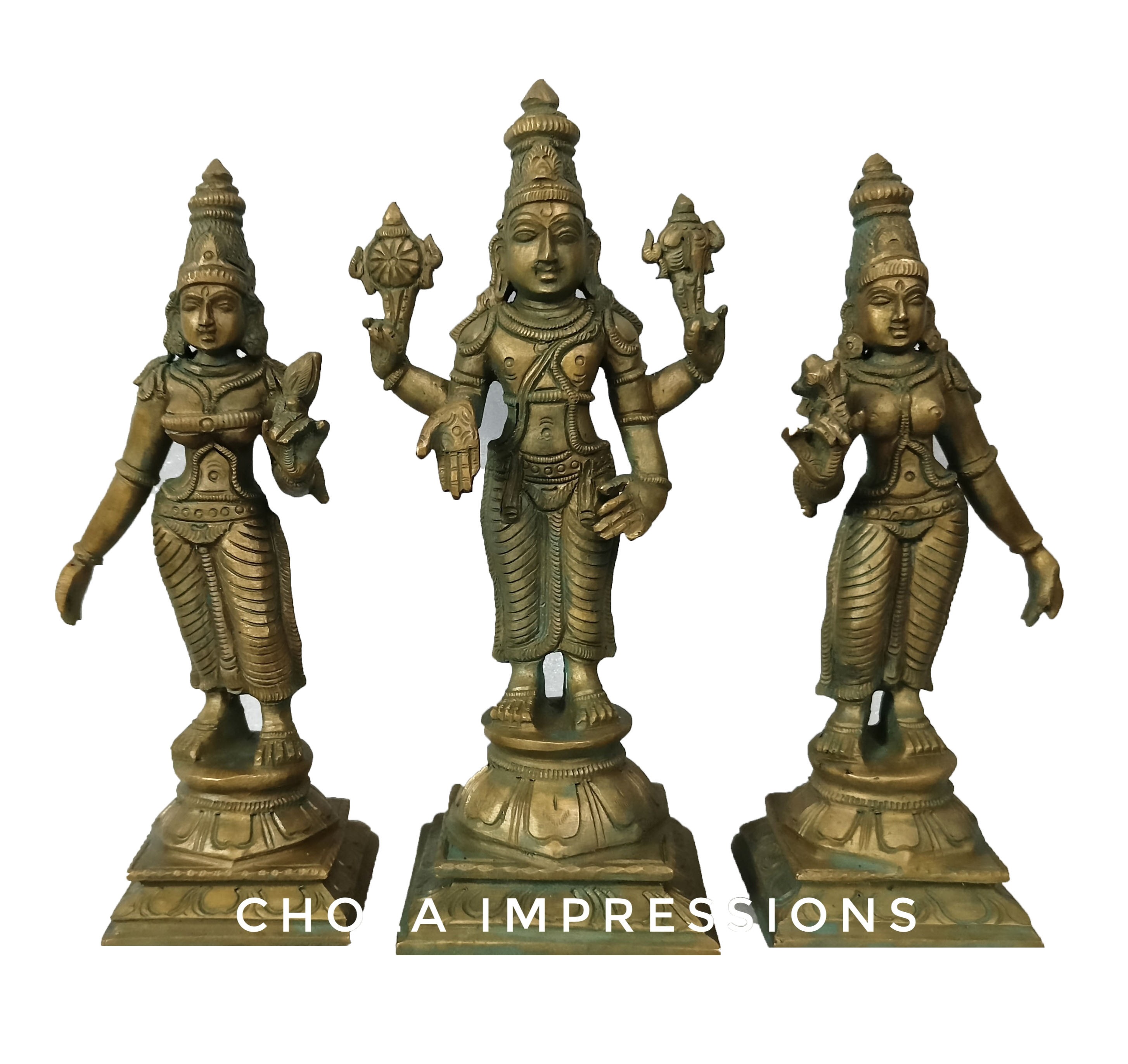 Lord Vishnu Set Panchaloha Idol in Antique Finish - 6 inches