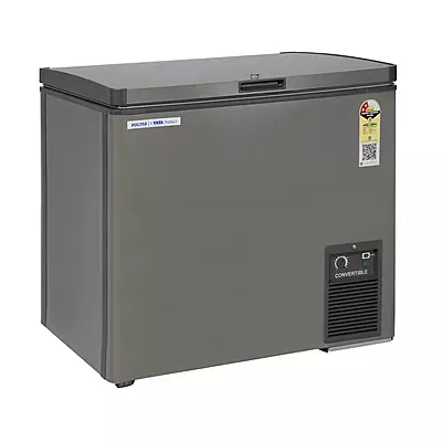 The secure door lock on the Voltas Hard Top Convertible Deep Freezer, with a key in the lock. The secure door lock on the Voltas Hard Top Convertible Deep Freezer, with a key in the lock.