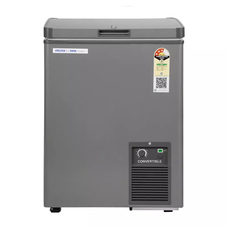 Front view of the Voltas 114 Litres, 3 Star Deep Freezer, highlighting its sunken handle. Front view of the Voltas 114 Litres, 3 Star Deep Freezer, highlighting its sunken handle.