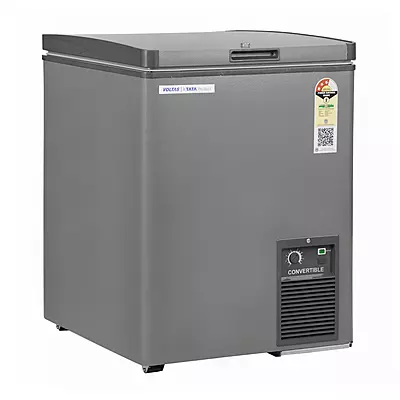 A side profile of the Voltas Convertible Deep Freezer, showcasing its soft aesthetic design. A side profile of the Voltas Convertible Deep Freezer, showcasing its soft aesthetic design.