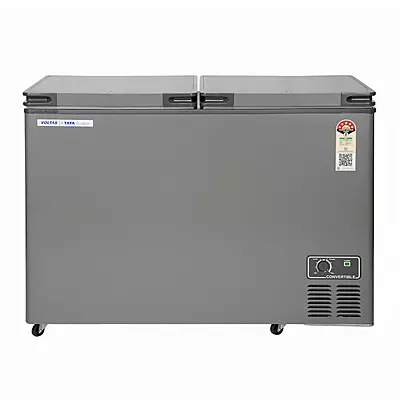 Front view of Voltas CVF320DA4-P-PL, showing its 295-litre capacity and 4-star energy rating logo. Front view of Voltas CVF320DA4-P-PL, showing its 295-litre capacity and 4-star energy rating logo.