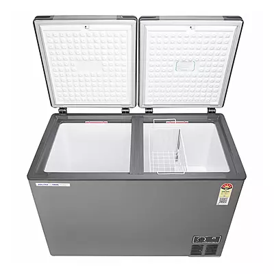 Voltas Hard Top Convertible Deep Freezer-CVF360DA5-W-PL in a clean kitchen setting. Voltas Hard Top Convertible Deep Freezer-CVF360DA5-W-PL in a clean kitchen setting.