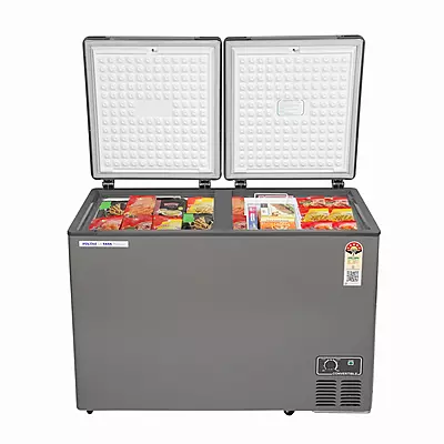 Front view of the Voltas CVF360DA5-W-PL, highlighting its sleek hard top and lock mechanism.