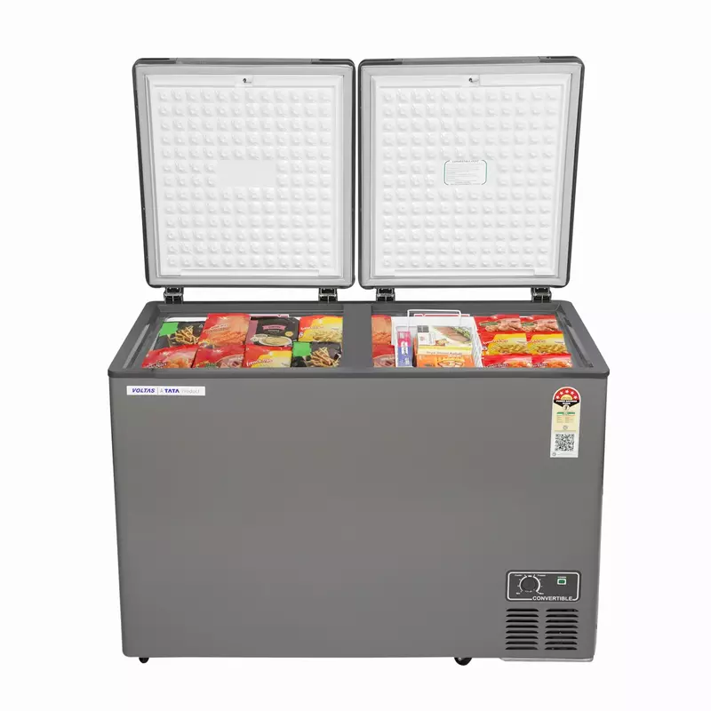 Front view of the Voltas CVF360DA5-W-PL, highlighting its sleek hard top and lock mechanism. Front view of the Voltas CVF360DA5-W-PL, highlighting its sleek hard top and lock mechanism.