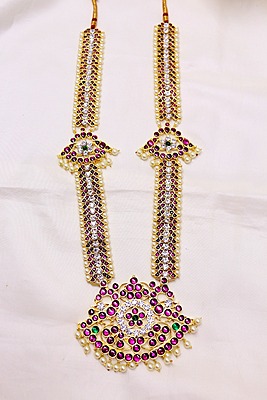 Margam/Copper & Real Kempstones - Temple Jewellery - Haram with Pathakam Pendant Margam/Copper & Real Kempstones - Temple Jewellery - Haram with Pathakam Pendant
