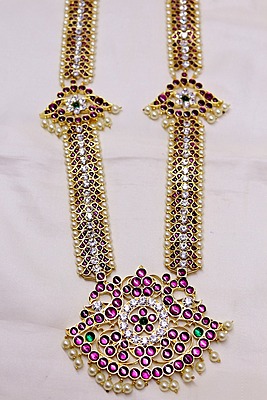 Margam/Copper & Real Kempstones - Temple Jewellery - Haram with Pathakam Pendant Margam/Copper & Real Kempstones - Temple Jewellery - Haram with Pathakam Pendant