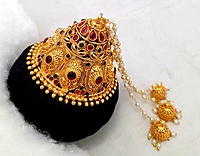 Andal Kondai - Ethnic One Gram Gold Matte Antique & Kempstones Hair Accessory