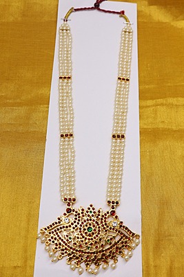 Temple Jewelry - Three Lines Pearls & Kempstones Haram with Pendant Ethnic & Premium Quality