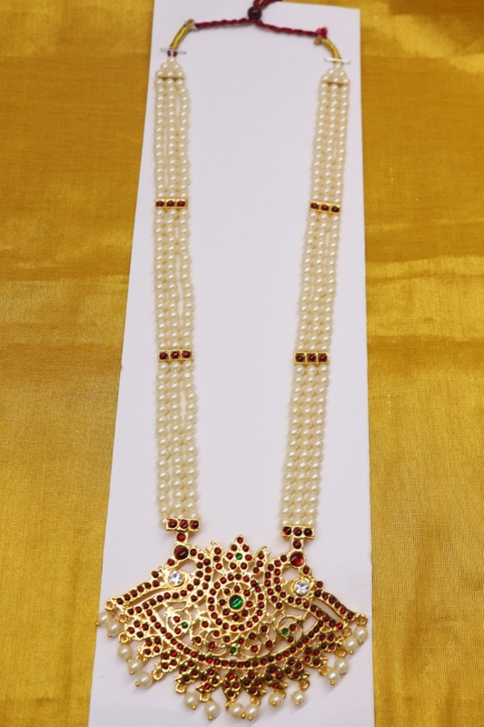 Temple Jewelry - Three Lines Pearls & Kempstones Haram with Pendant Ethnic & Premium Quality Temple Jewelry - Three Lines Pearls & Kempstones Haram with Pendant Ethnic & Premium Quality