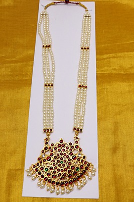 Temple Jewellery - Pearls and Kempstones Haram with Pathakam Pendant