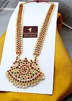 Temple Jewellery - Brass Gold Plated Full Kempstones Haram Temple Jewellery - Brass Gold Plated Full Kempstones Haram