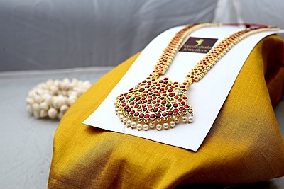 Temple Jewellery - Brass Gold Plated Full Kempstones Haram Temple Jewellery - Brass Gold Plated Full Kempstones Haram