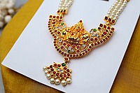 Temple Jewellery - Pearls three lines Haram with Kempstones Goddess Lakshmi Pendant Temple Jewellery - Pearls three lines Haram with Kempstones Goddess Lakshmi Pendant
