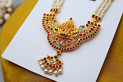 Temple Jewellery - Pearls three lines Haram with Kempstones Goddess Lakshmi Pendant