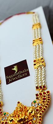 Temple Jewellery - Pearls three lines Haram with Kempstones Goddess Lakshmi Pendant
