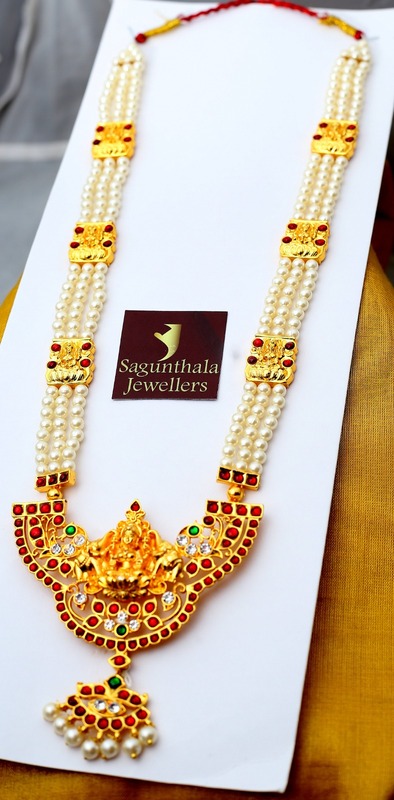 Temple Jewellery - Pearls three lines Haram with Kempstones Goddess Lakshmi Pendant Temple Jewellery - Pearls three lines Haram with Kempstones Goddess Lakshmi Pendant