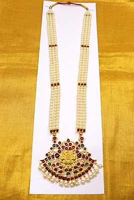 Temple Jewelry - Three Lines Pearls & Kempstones Haram Goddess Lakshmi Pattern Pendant Ethnic & Premium Quality