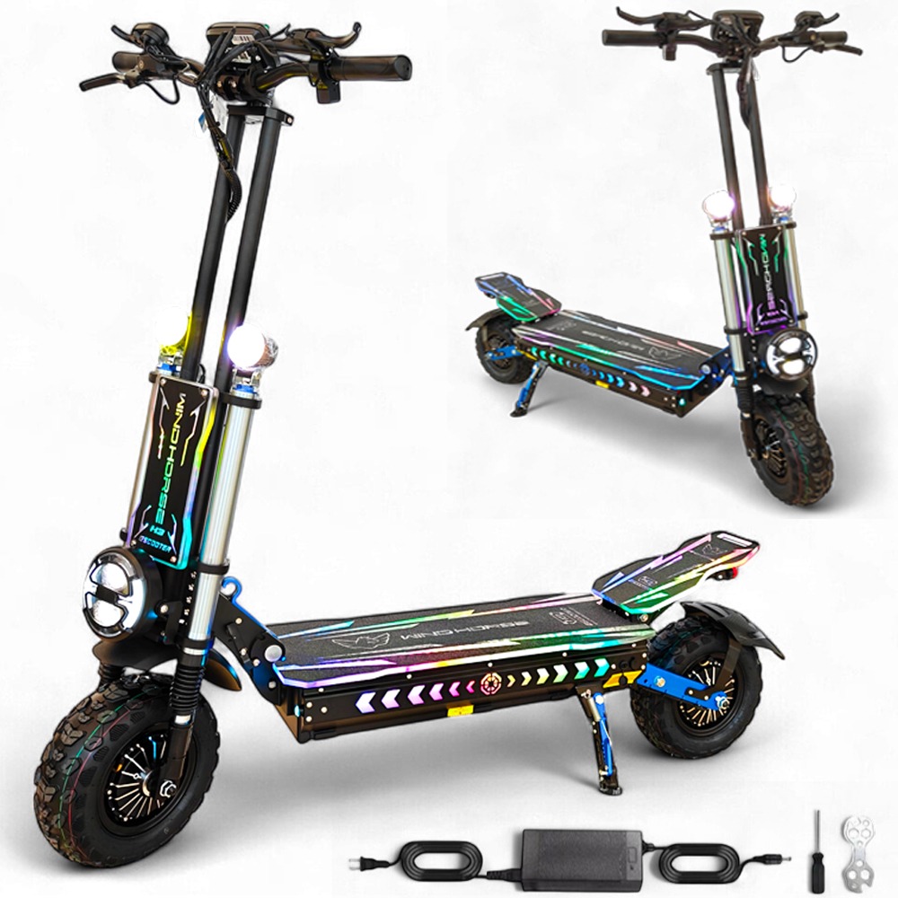 WINDHORSE H3 Powerful Electric Scooter 3000W Dual Motor – 60V 40Ah Battery, 85 KM/H Max Speed, 120 KM Range – 13 Inches Tires, Hydraulic Brakes, Dual Suspension, Full Body RGB Lights WINDHORSE H3 Powerful Electric Scooter 3000W Dual Motor – 60V 40Ah Battery, 85 KM/H Max Speed, 120 KM Range – 13 Inches Tires, Hydraulic Brakes, Dual Suspension, Full Body RGB Lights