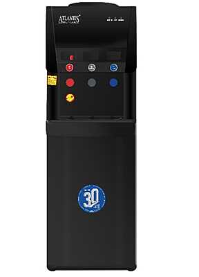 Front view of Atlantis Blaque dispenser, highlighting its three faucets and black finish. Front view of Atlantis Blaque dispenser, highlighting its three faucets and black finish.