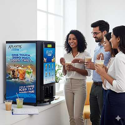 Atlantis COOL Vend-One Touch, Zero Wait Cold Beverage Vending Machine in a modern office pantry. Atlantis COOL Vend-One Touch, Zero Wait Cold Beverage Vending Machine in a modern office pantry.