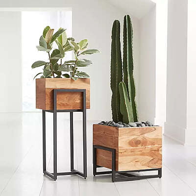 Set of 2 Wooden Metal Plant Stands | Modern Indoor Flower Stand