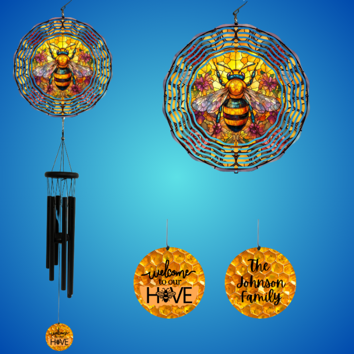 Buzzing Beauty: Stained Glass Bee Wind Spinner with Personalized Chimes