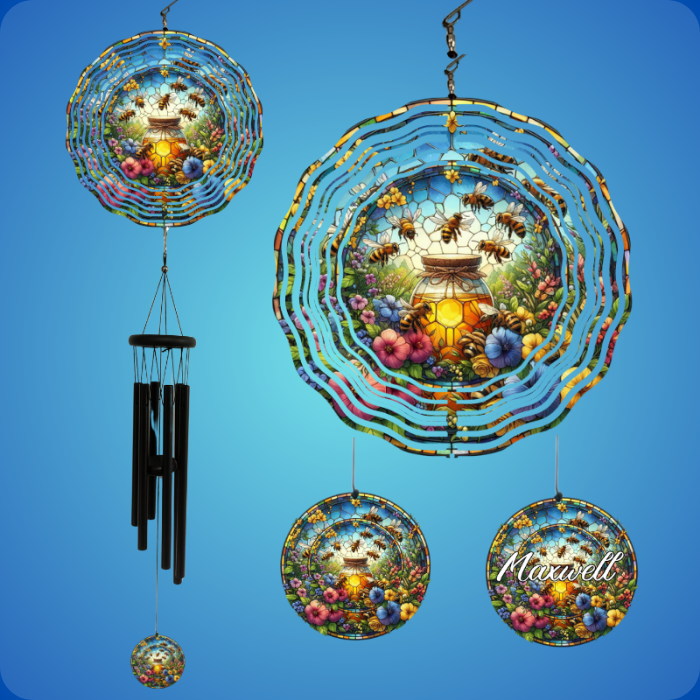 Garden Gold: Stained Glass Honey Jar Wind Spinner with Personalized Chimes