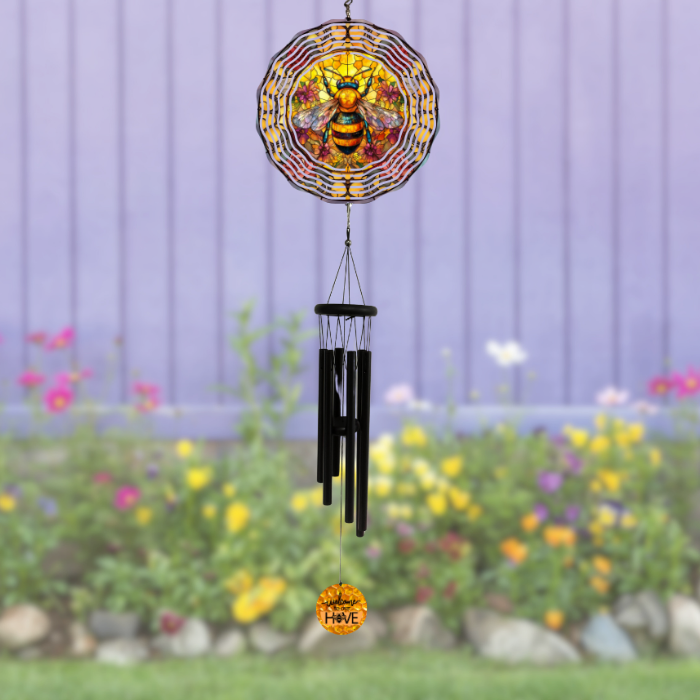 Buzzing Beauty: Stained Glass Bee Wind Spinner with Personalized Chimes Buzzing Beauty: Stained Glass Bee Wind Spinner with Personalized Chimes