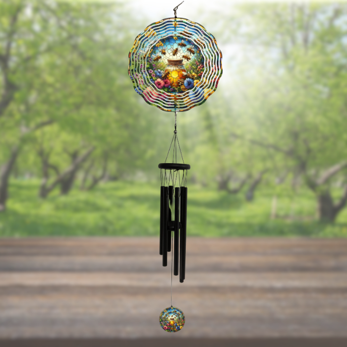 Garden Gold: Stained Glass Honey Jar Wind Spinner with Personalized Chimes Garden Gold: Stained Glass Honey Jar Wind Spinner with Personalized Chimes