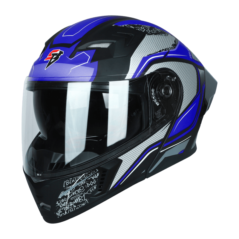 STEELBIRD SBA-20 ISS RACER MATT BLACK/BLUE C/V 600 MM WITH EXTRA SMOKE VISOR, BLACK SPOILER