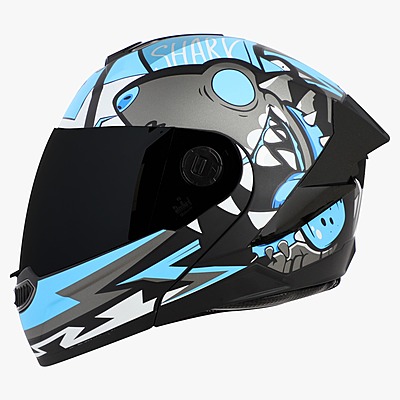 STEELBIRD SBA-8 ISS SHARKY GLOSSY BLACK/JAZZ BLUE C/V 580 MM WITH EXTRA SMOKE VISOR & BLACK SPOILER