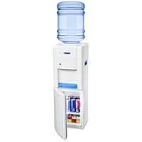 Modern floor-standing water dispenser with refrigerator compartment. Modern floor-standing water dispenser with refrigerator compartment.