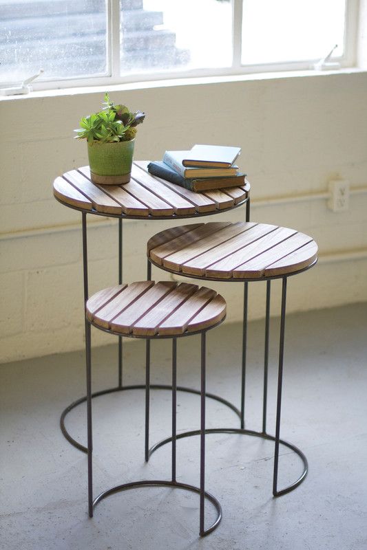 Set of 3 Round Wooden Nesting Tables – Modern Metal Frame Side and End Tables for Living Room