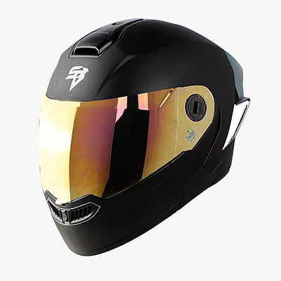 STEELBIRD SBA-8 ISS GLOSSY BLACK WITH GOLD SPOILER C/V 600 MM WITH EXTRA GOLD VISOR