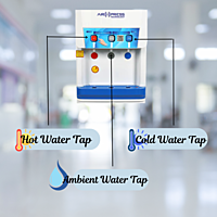 Features touchless air press operation and provides hot, cold, and normal water.