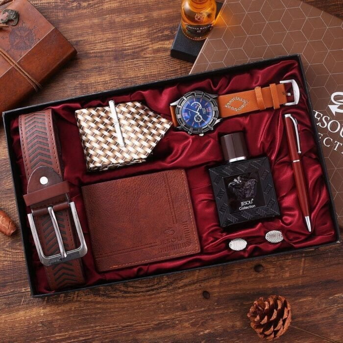 UNIQUE MEN GIFT PACK - (QUALITY LEATHER BELT, WRISTWATCH, TIE WITH ADJUSTER, CUFLINKS, PERFUME, PEN, WALLET) UNIQUE MEN GIFT PACK - (QUALITY LEATHER BELT, WRISTWATCH, TIE WITH ADJUSTER, CUFLINKS, PERFUME, PEN, WALLET)