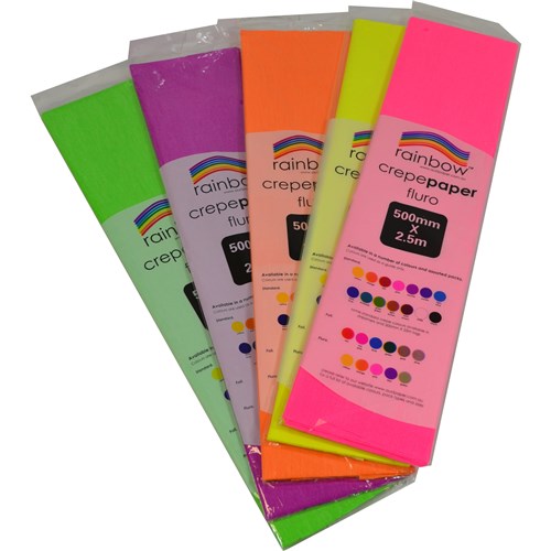 Rainbow Fluro Crepe Paper 500mm x 2.5m Assorted Pack Of 5