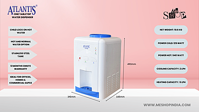 Infographic image of Atlantis One Table top water dispenser with Hot/cold and normal water option Infographic image of Atlantis One Table top water dispenser with Hot/cold and normal water option