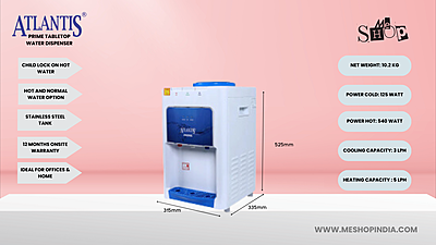 Infographic image of Atlantis Prime Table top water dispenser with Hot cold and normal water option