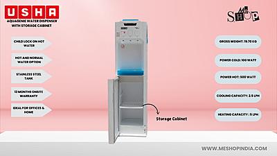 Infographic image of Usha Aquagenie water dispenser with Storage cabinet