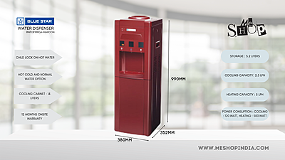 Infographic picture of Blue star BWD3FMRGA-Maroon Water dispenser with cooling cabinet