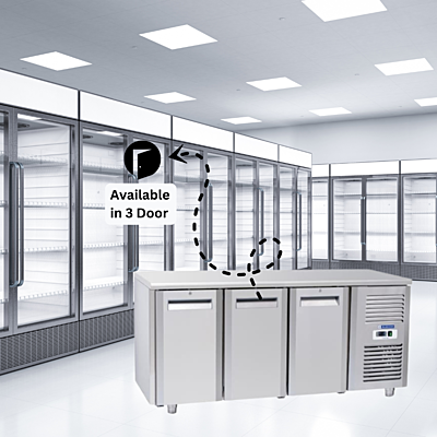Stainless steel Blue Star 3 Door Under Counter Chiller with digital temperature display.