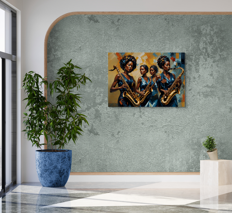 "Jazz Queens: A Symphony in Blue" β Printed Canvas Wall Art | UNFRAMED "Jazz Queens: A Symphony in Blue" β Printed Canvas Wall Art | UNFRAMED
