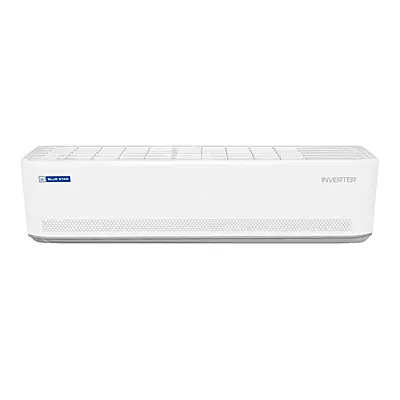 Close-up of the Blue Star Inverter Split AC indoor unit, showcasing its modern design and display.