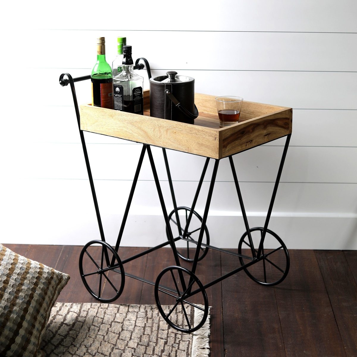 Vintage Bar Trolley with Wooden Tray & Iron Wheels – Rustic Serving Cart for Home